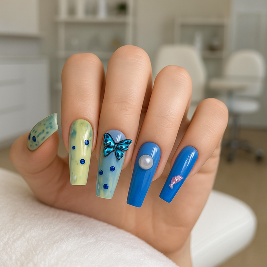 Ocean Mirage – Abstract Blue & Lime Press-On Nails with Butterflies & Pearls