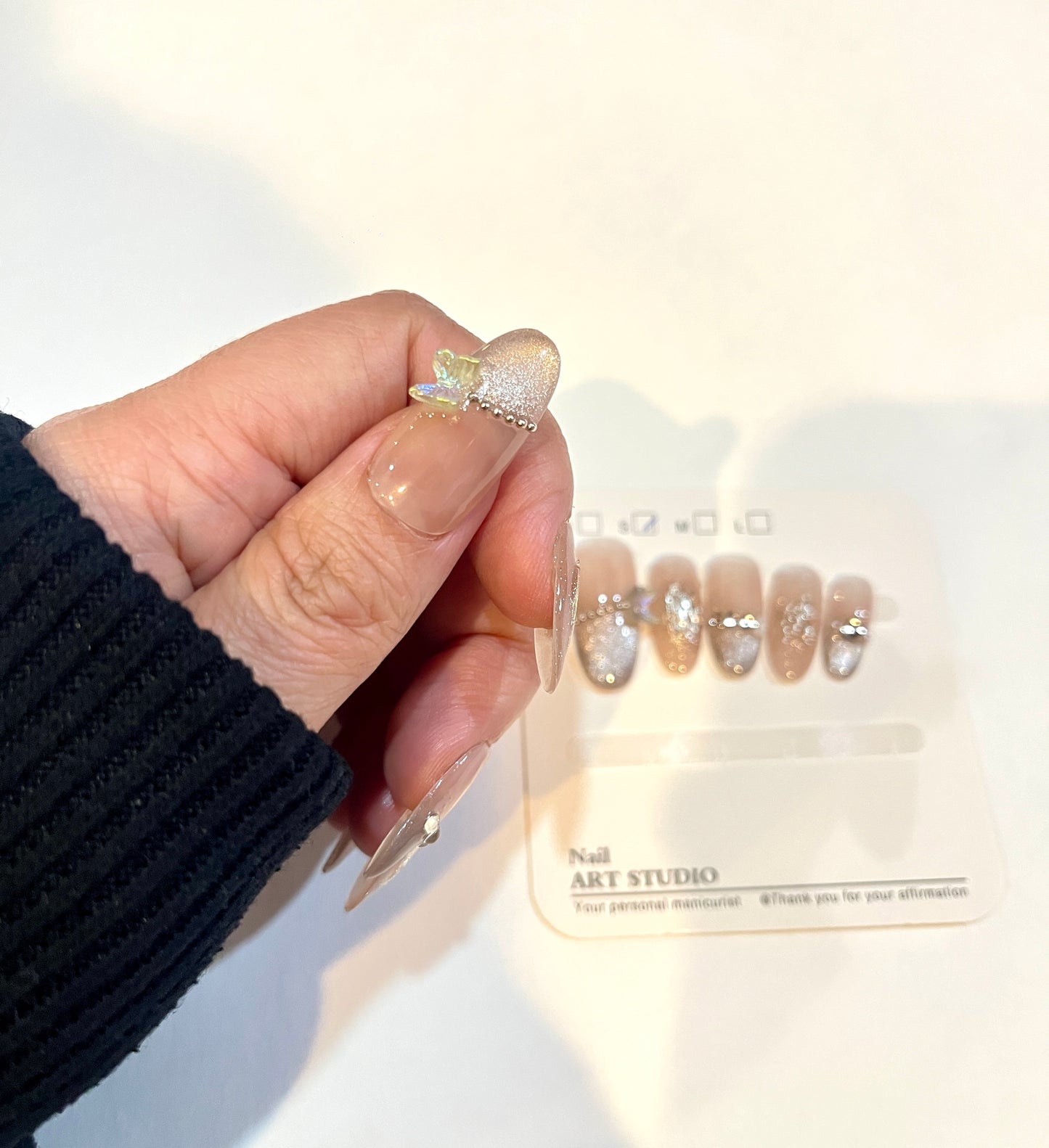 Luxury Nude Glitter Press-On Nails with 3D Bow & Gold Foil – Reusable Handmade Nail Set