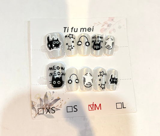 “Cosmic Cat Meow – Medium Size Press-On Nails”