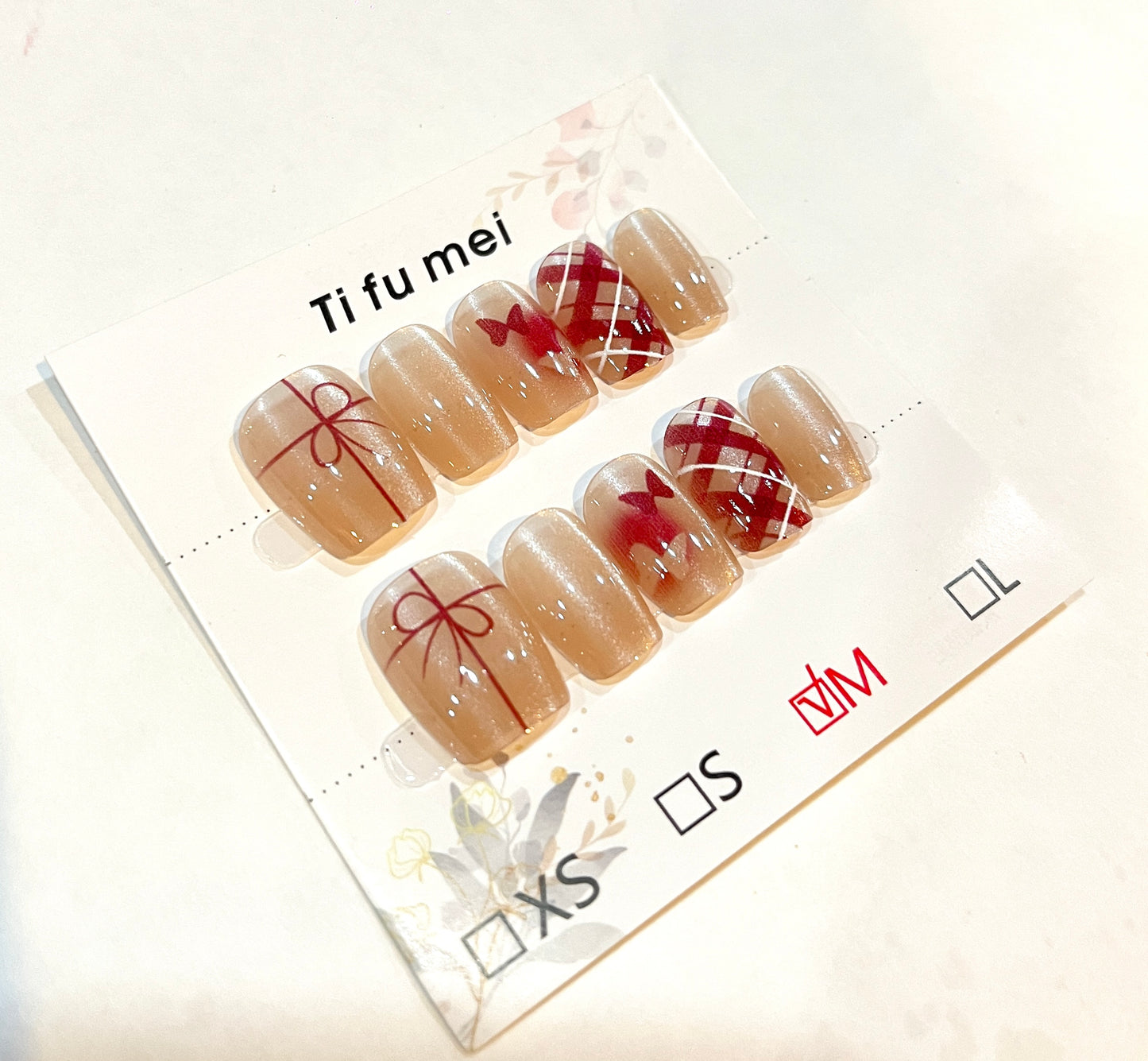 Red Plaid & Bow Gift Wrap Press-On Nails – Medium Size
