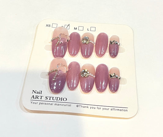 Fairy Crystal Press-On Nails – Pink Lavender Ombre with Charms(S Size)