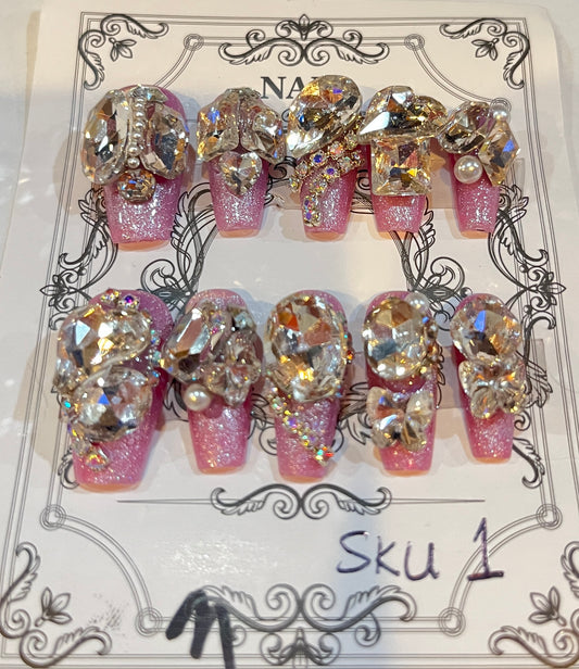 Luxury Bridal Bling Nails – Handmade Pink Glitter Bling Nails – 3D Rhinestone & Pearl Press-Ons