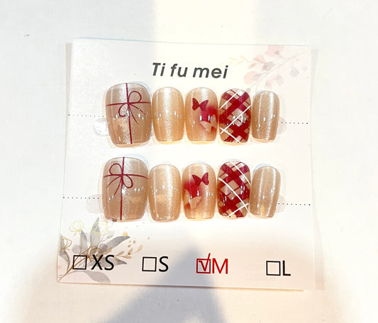 Red Plaid & Bow Gift Wrap Press-On Nails – Medium Size