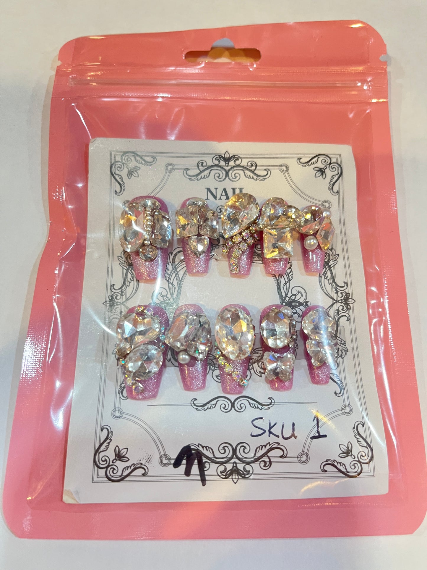 Luxury Bridal Bling Nails – Handmade Pink Glitter Bling Nails – 3D Rhinestone & Pearl Press-Ons
