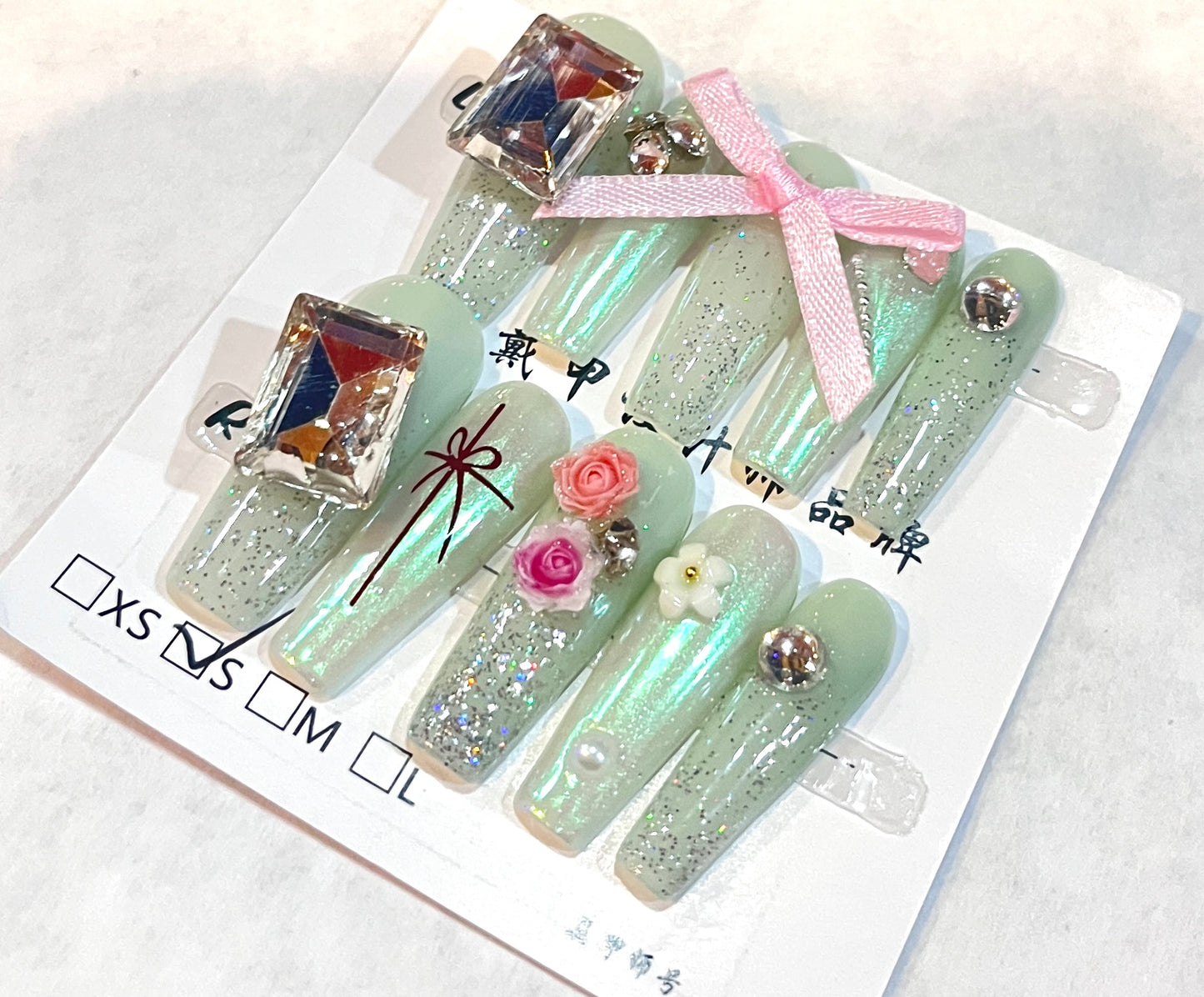 Mint Fairy Garden – 3D Rhinestone Press-On Nails