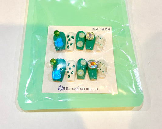 Green Forest Glow Nail Set – 3D Handmade Press On Nails XS Size