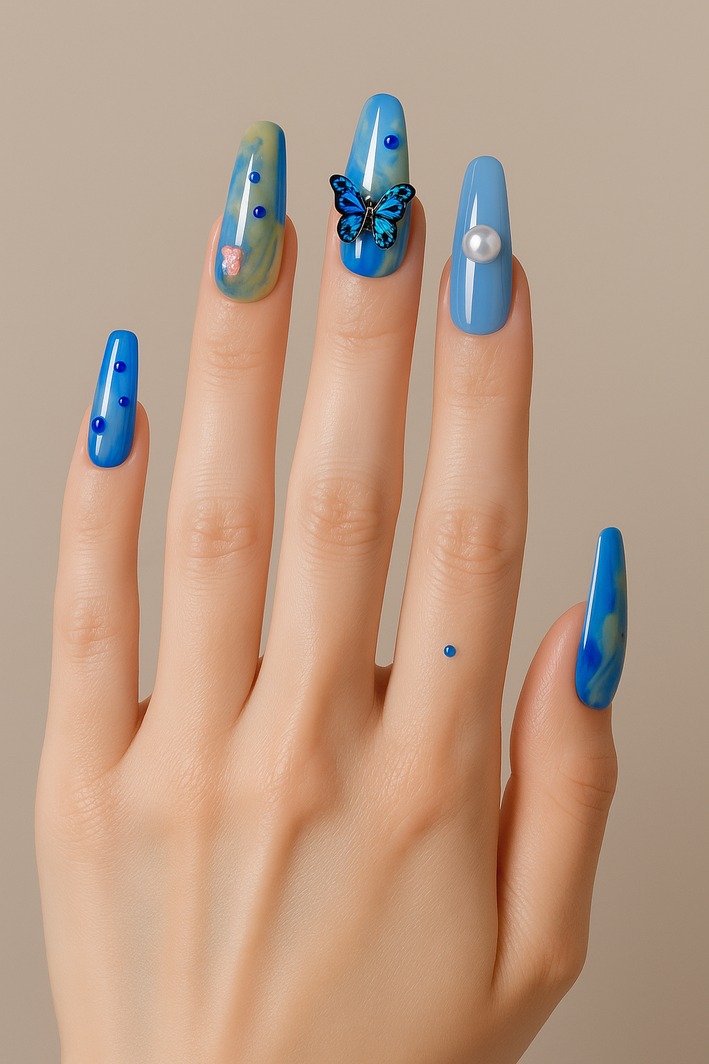 Ocean Mirage – Abstract Blue & Lime Press-On Nails with Butterflies & Pearls