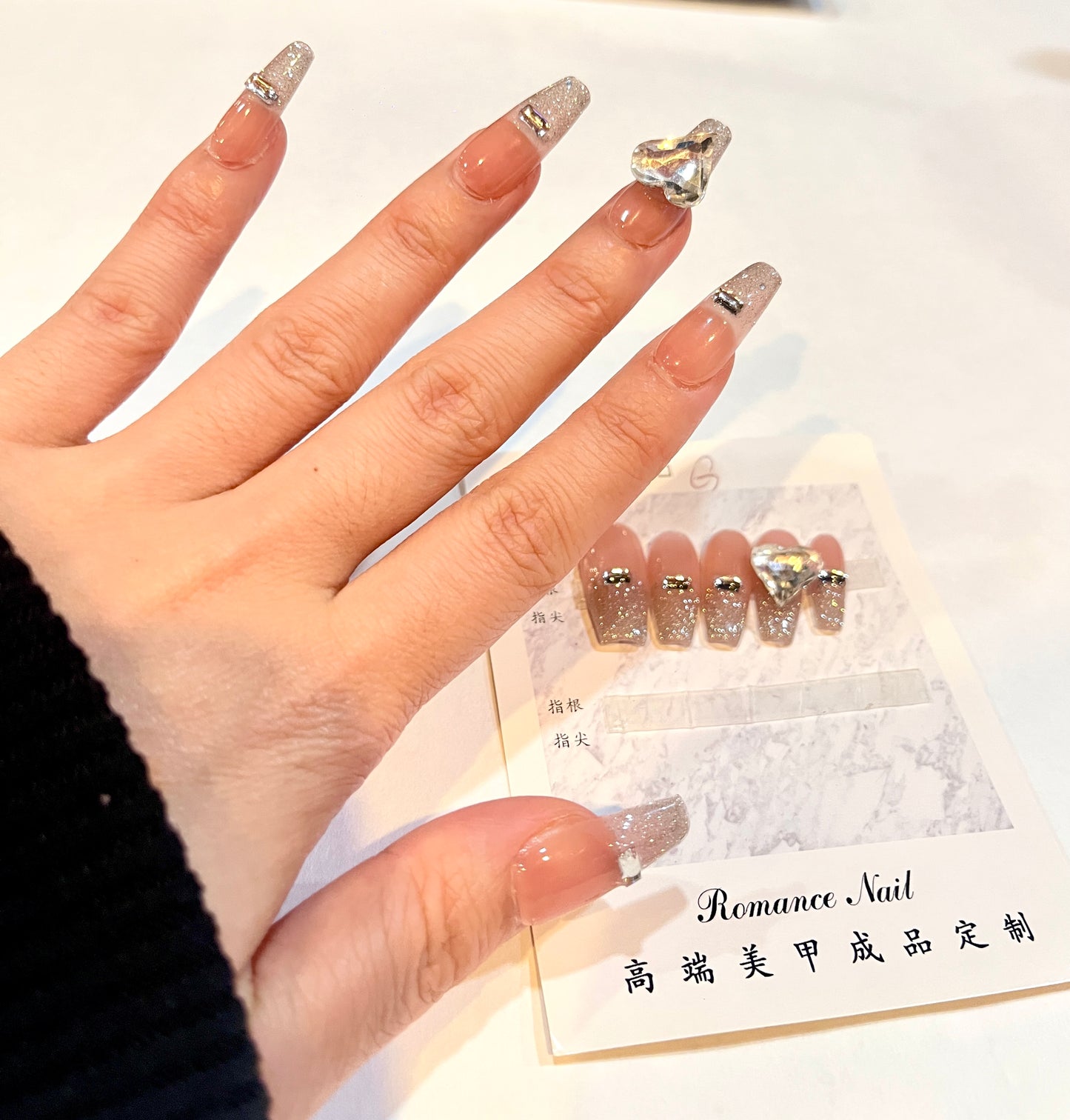 Pink Glitter Heart Diamond Press-On Nails – XS Size