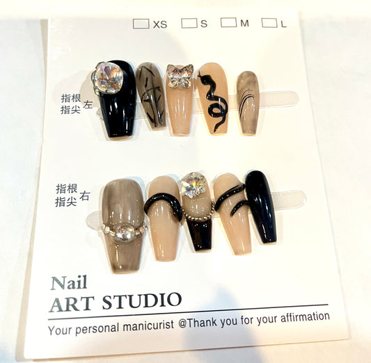 Black Snake & Crystal Star Press-On Nails – XS Size