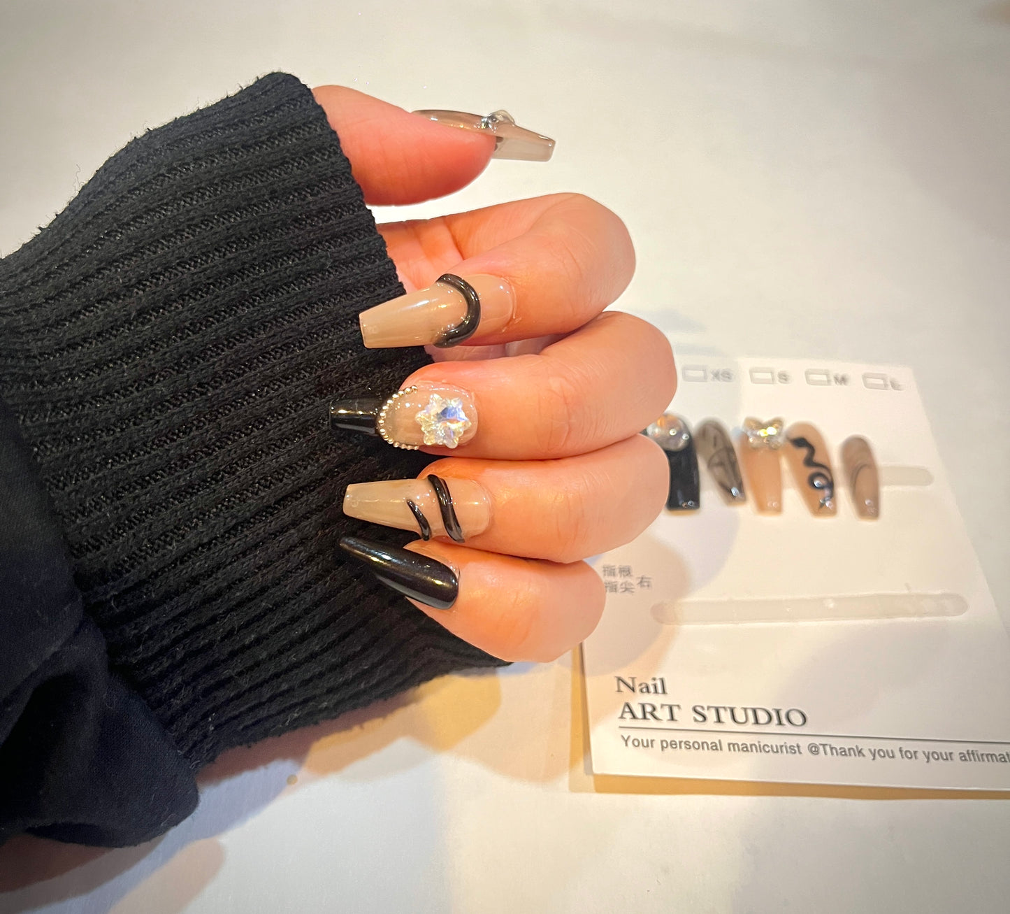 Black Snake & Crystal Star Press-On Nails – XS Size
