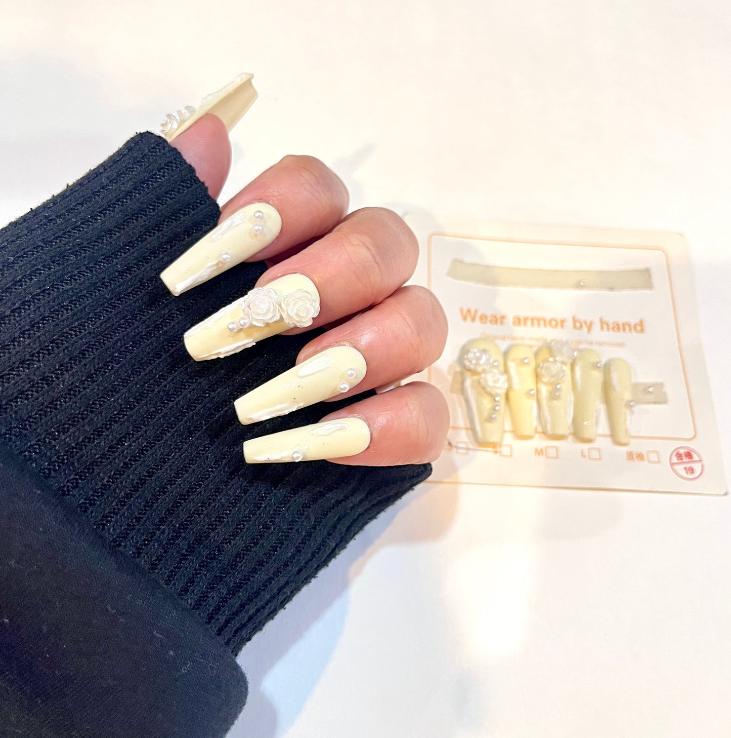 XS Size – Bridal Cream Press-On Nails | Long Coffin Style with 3D Roses & Pearl Accents