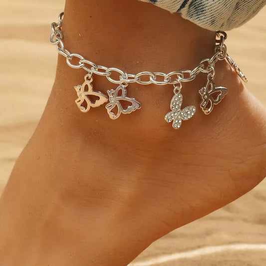 Silver Butterfly Charm Anklet – Mixed Cutout & Crystal Design