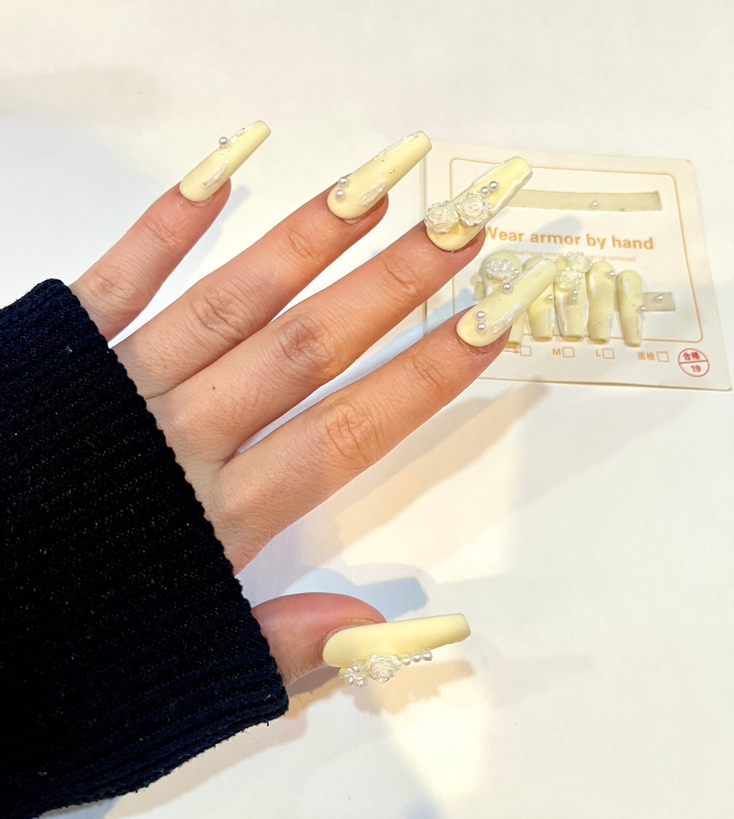 XS Size – Bridal Cream Press-On Nails | Long Coffin Style with 3D Roses & Pearl Accents