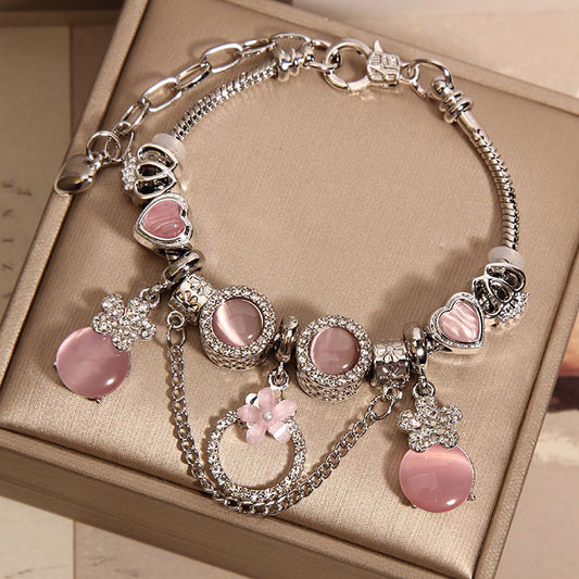 Dreamy Pink Flower Bracelet – Silver Hearts & Crystals