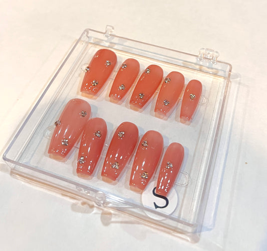Peach Rhinestone Press-On Nails – Short Square Shape (Size S)
