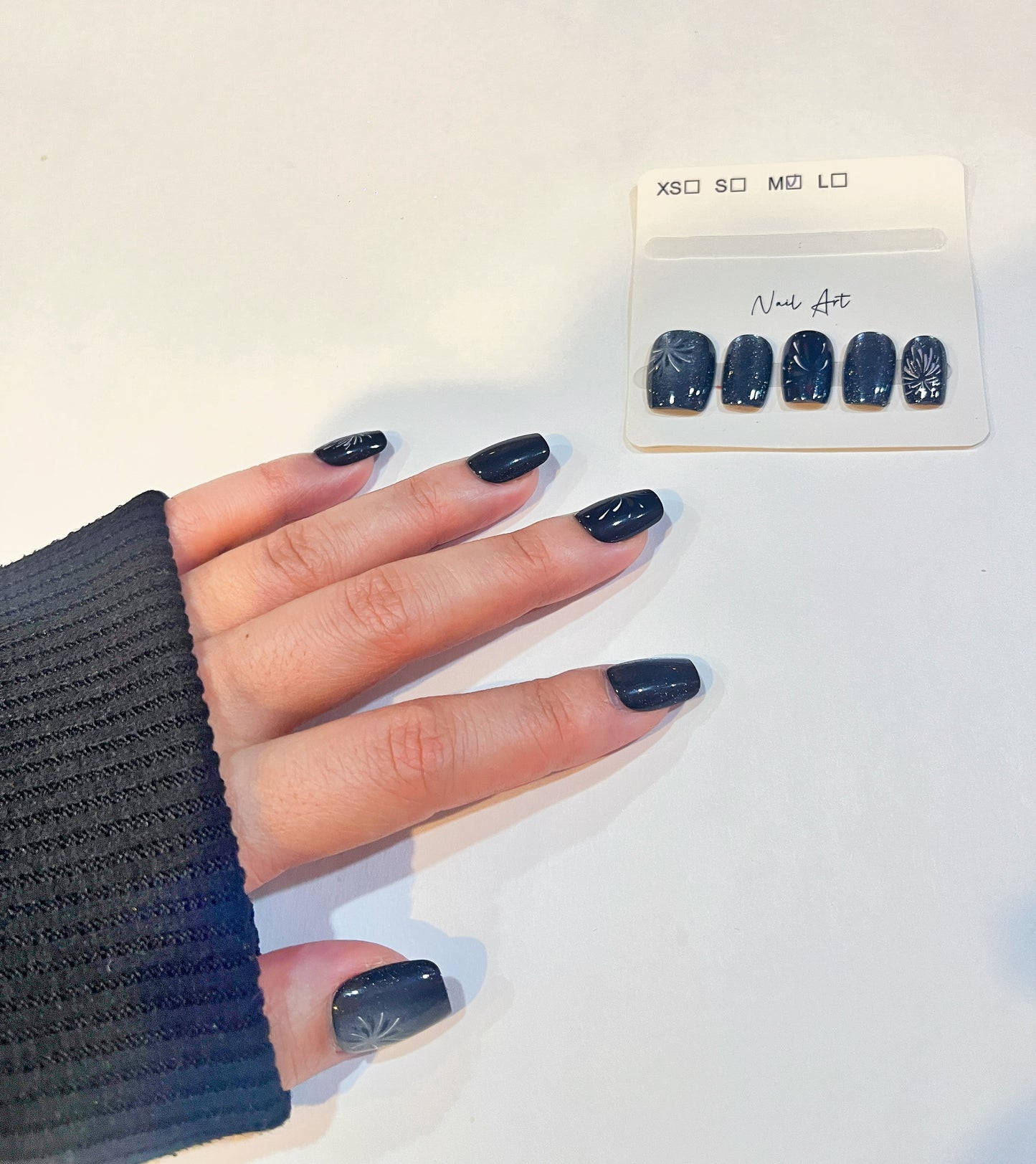 Black Galaxy Press-On Nails with Silver Floral Design – Medium Size