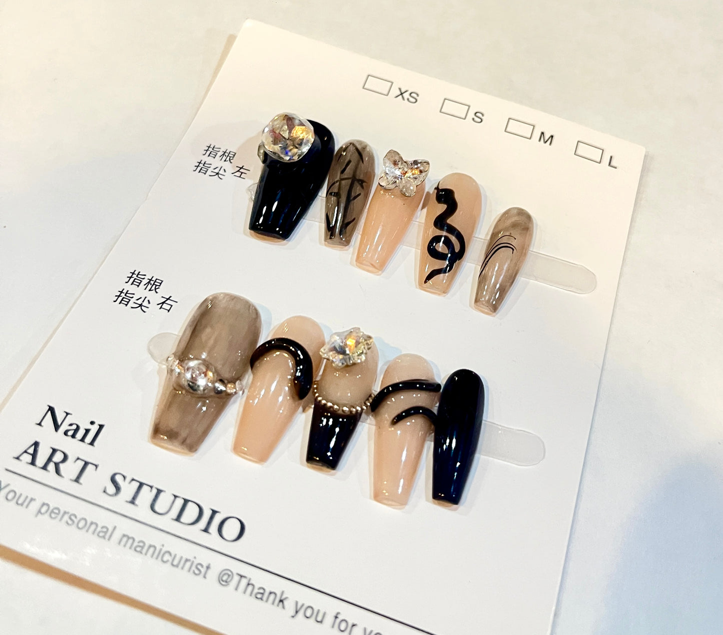 Black Snake & Crystal Star Press-On Nails – XS Size