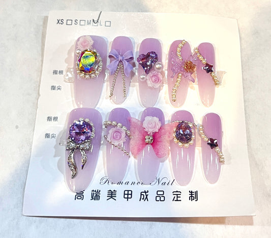 Lavender Dream – Princesscore Press-On Nails with Rhinestones & 3D Charms