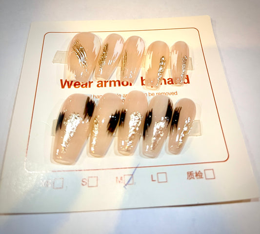 Gold Foil & Black Flame Press-On Nails – Medium Size