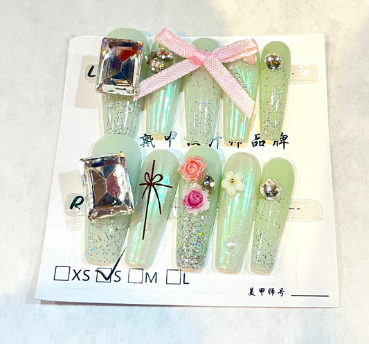 Mint Fairy Garden – 3D Rhinestone Press-On Nails