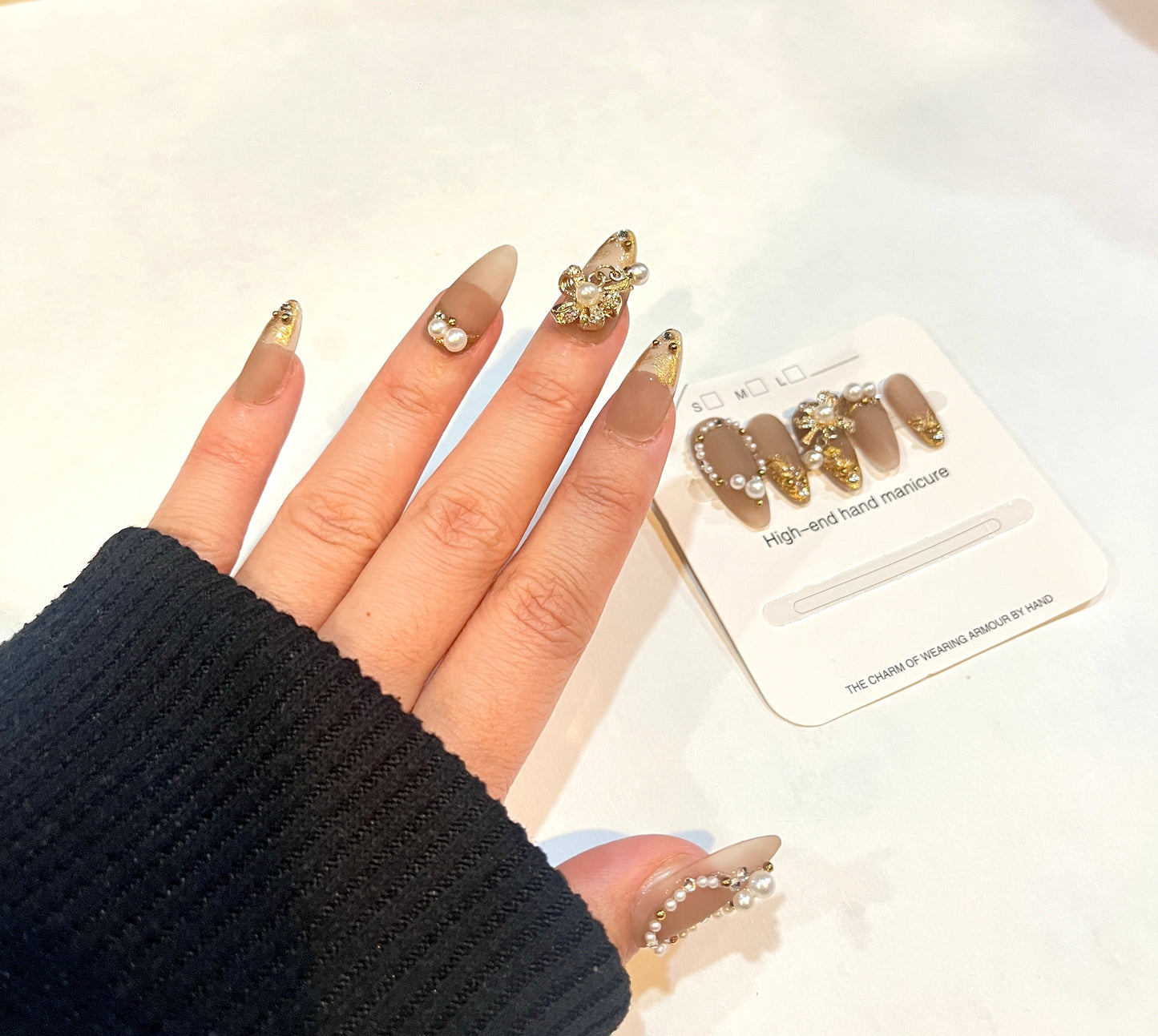 Luxury Nude & Gold Pearl Press-On Nails – XS Size