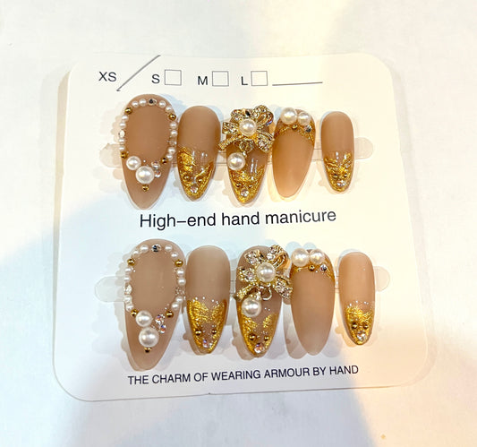 Luxury Nude & Gold Pearl Press-On Nails – XS Size