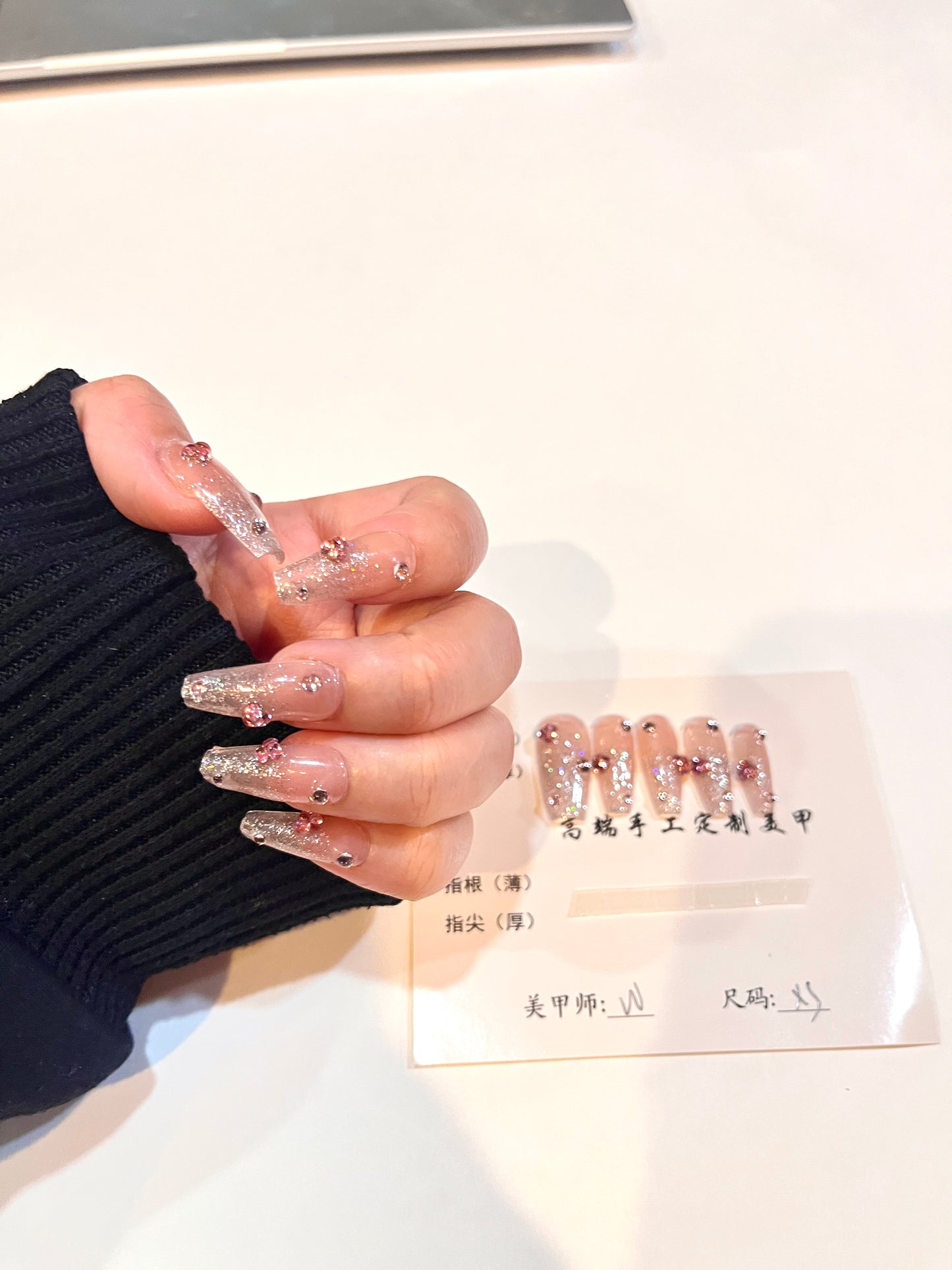 Glitter Ombre Rhinestone Press-On Nails – Long Square Shape (Size XS)