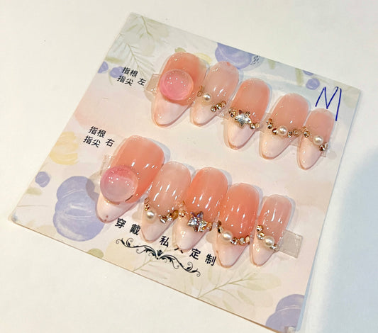Elegant Pearl Gradient Press-On Nails – Pink & White 3D Charm Design
