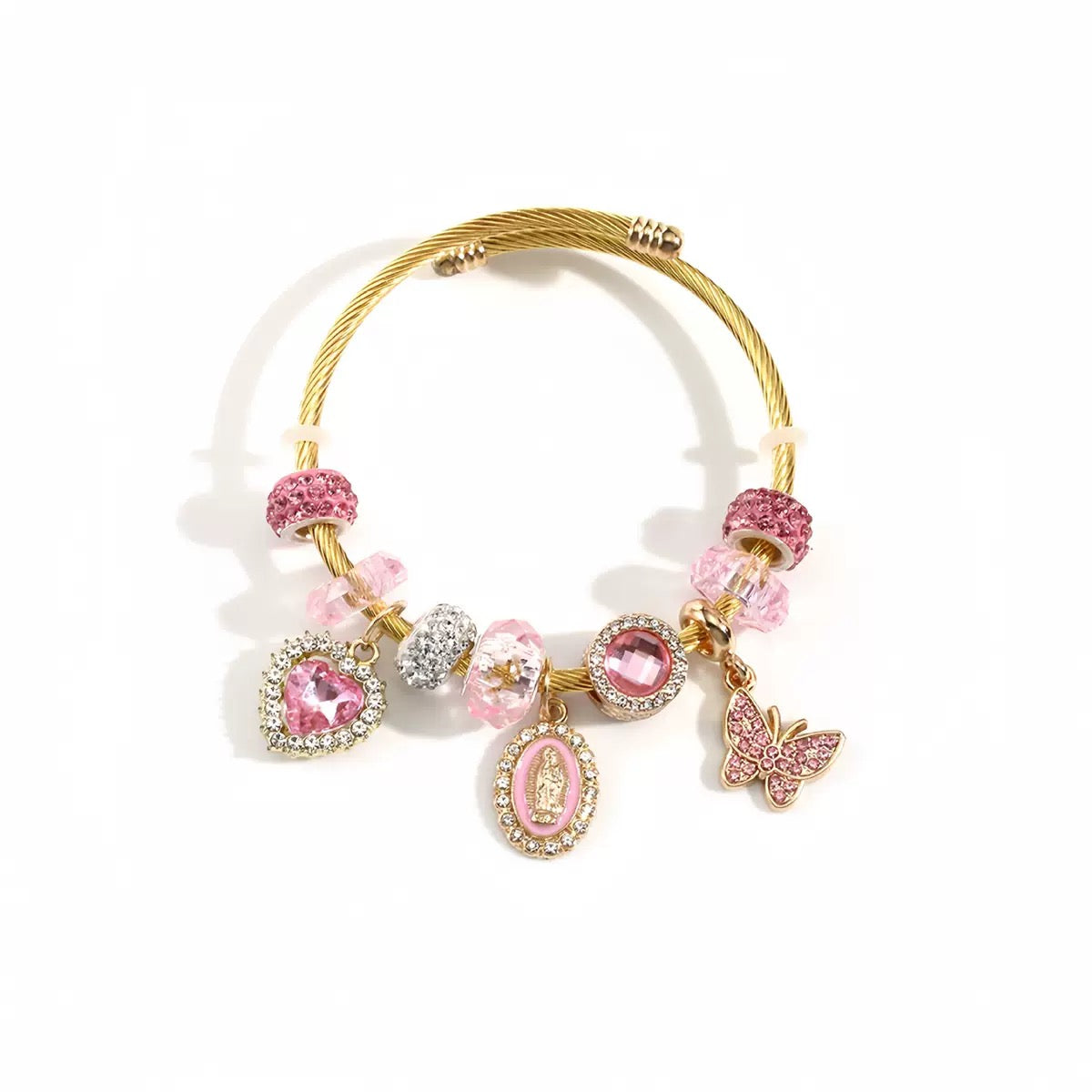 Golden Pink Charm Bracelet with Heart, Butterfly & Crystal Beads – 55mm