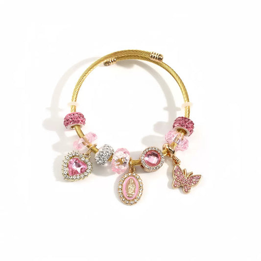 Golden Pink Charm Bracelet with Heart, Butterfly & Crystal Beads – 55mm
