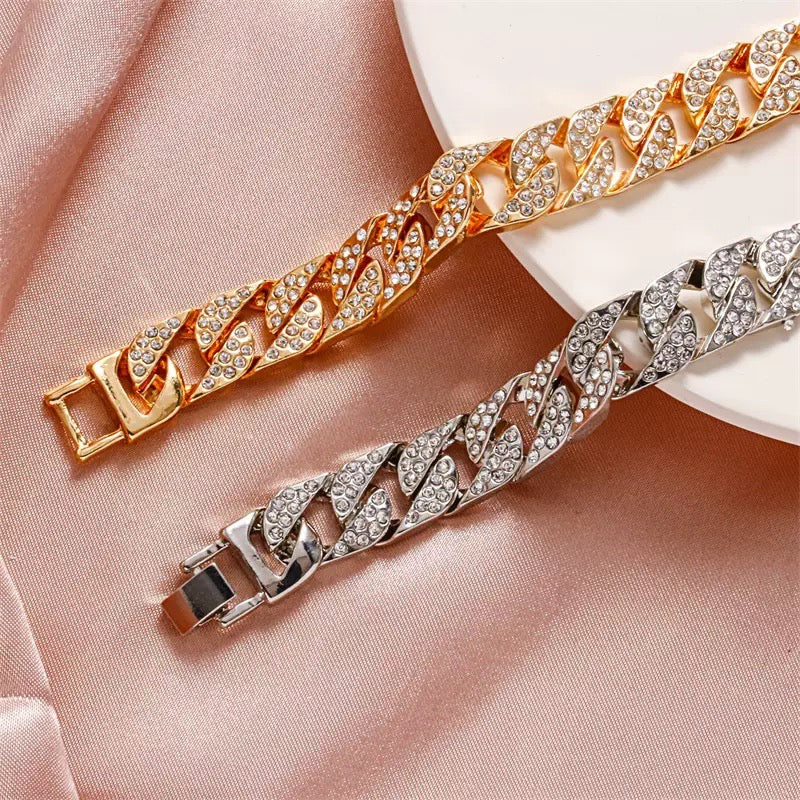 Gold/Silver Cuban Chain Rhinestone Bracelet