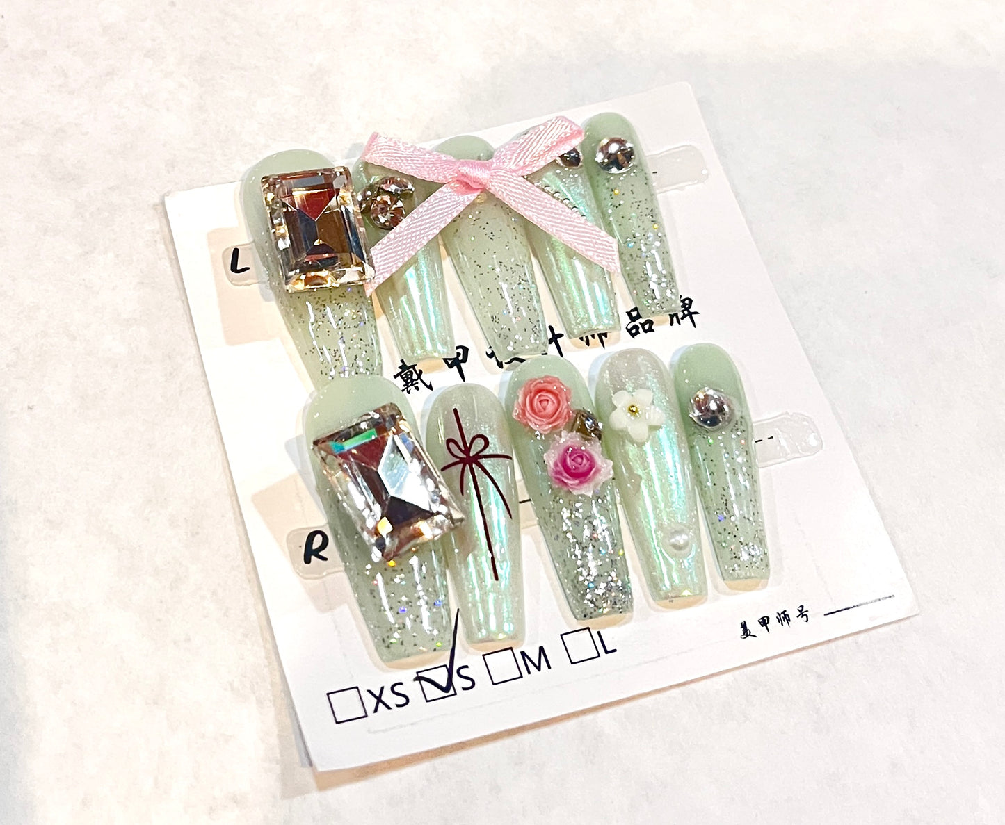 Mint Fairy Garden – 3D Rhinestone Press-On Nails