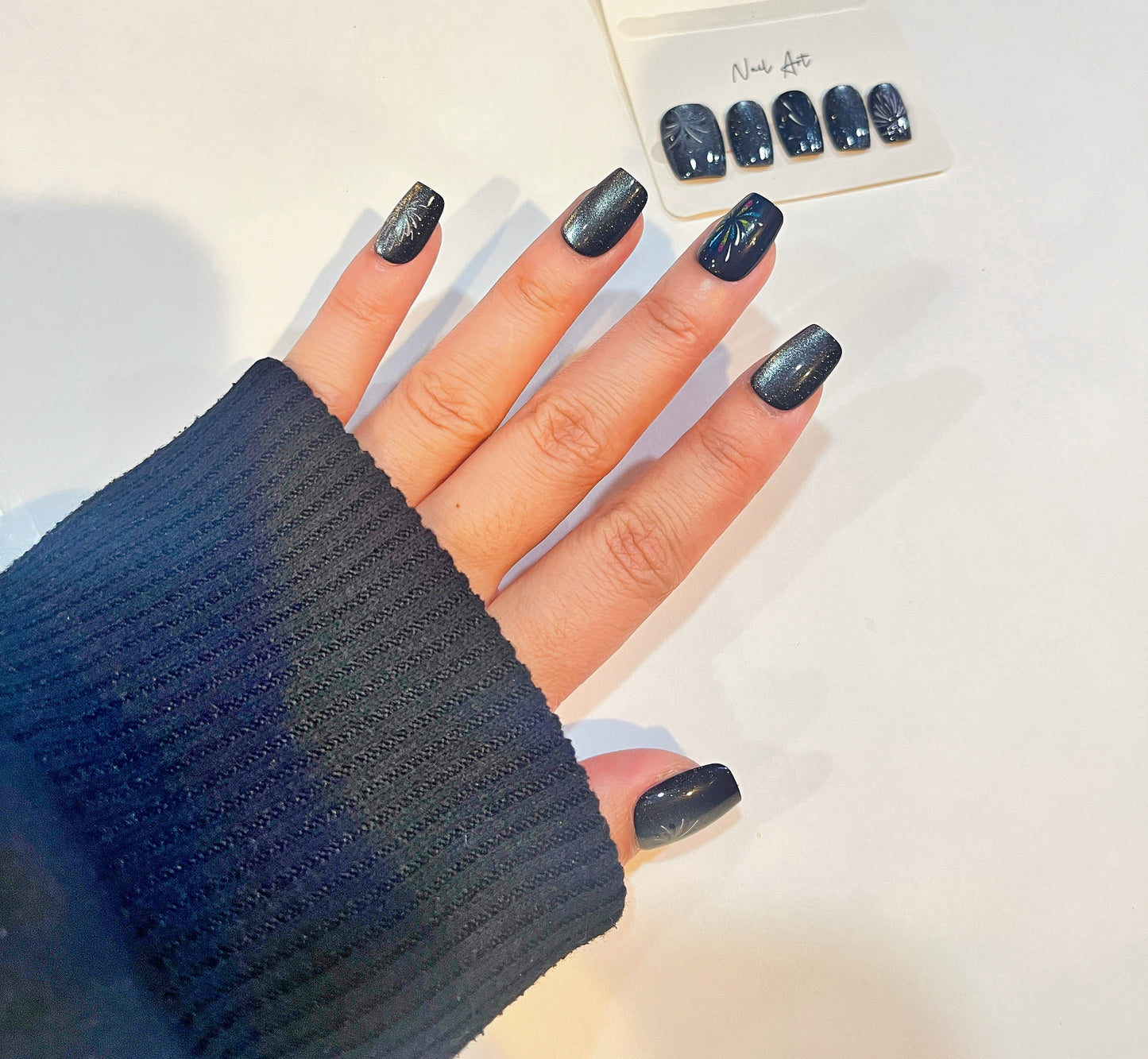 Black Galaxy Press-On Nails with Silver Floral Design – Medium Size