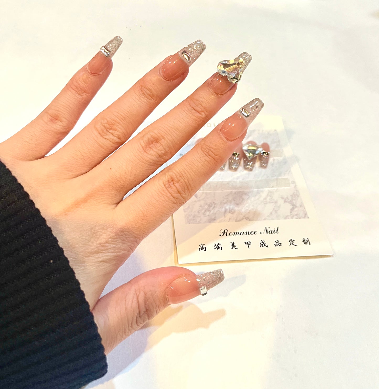 Pink Glitter Heart Diamond Press-On Nails – XS Size