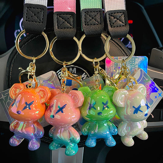 Rainbow Gradient Bear Keychain – Cute Glossy Cartoon Lanyard Charm for Bags & Keys