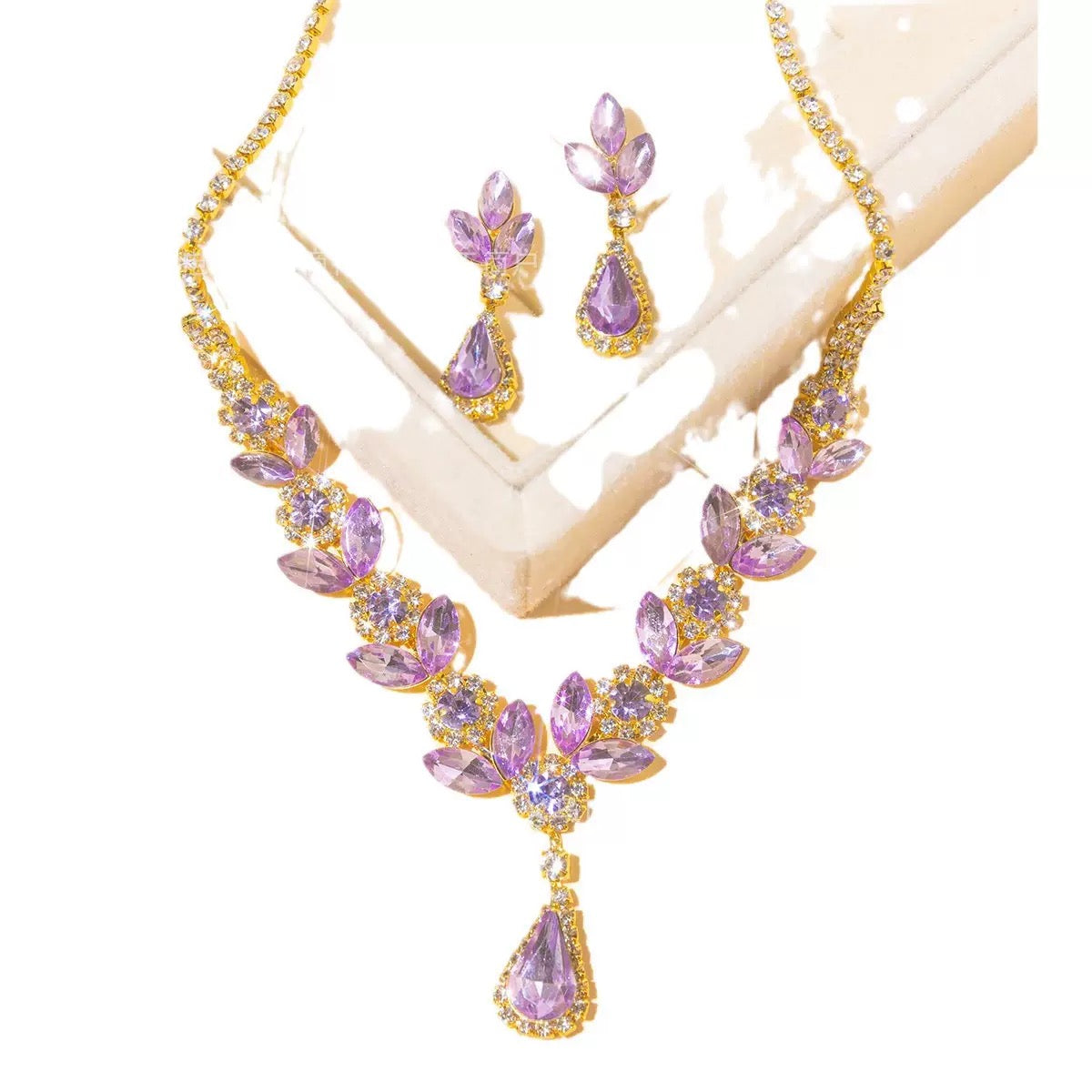 Purple Crystal Necklace & Earrings Set β Gold Leaf Bridal Jewelry