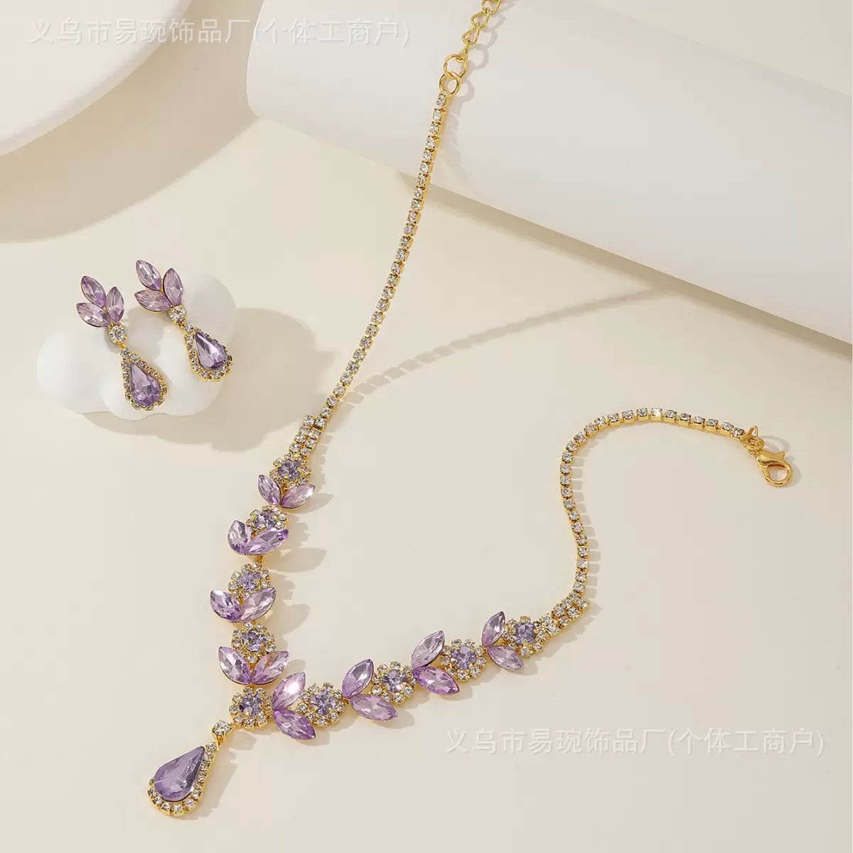 Purple Crystal Necklace & Earrings Set β Gold Leaf Bridal Jewelry