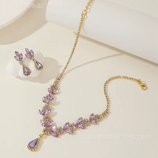 Purple Crystal Necklace & Earrings Set – Gold Leaf Bridal Jewelry
