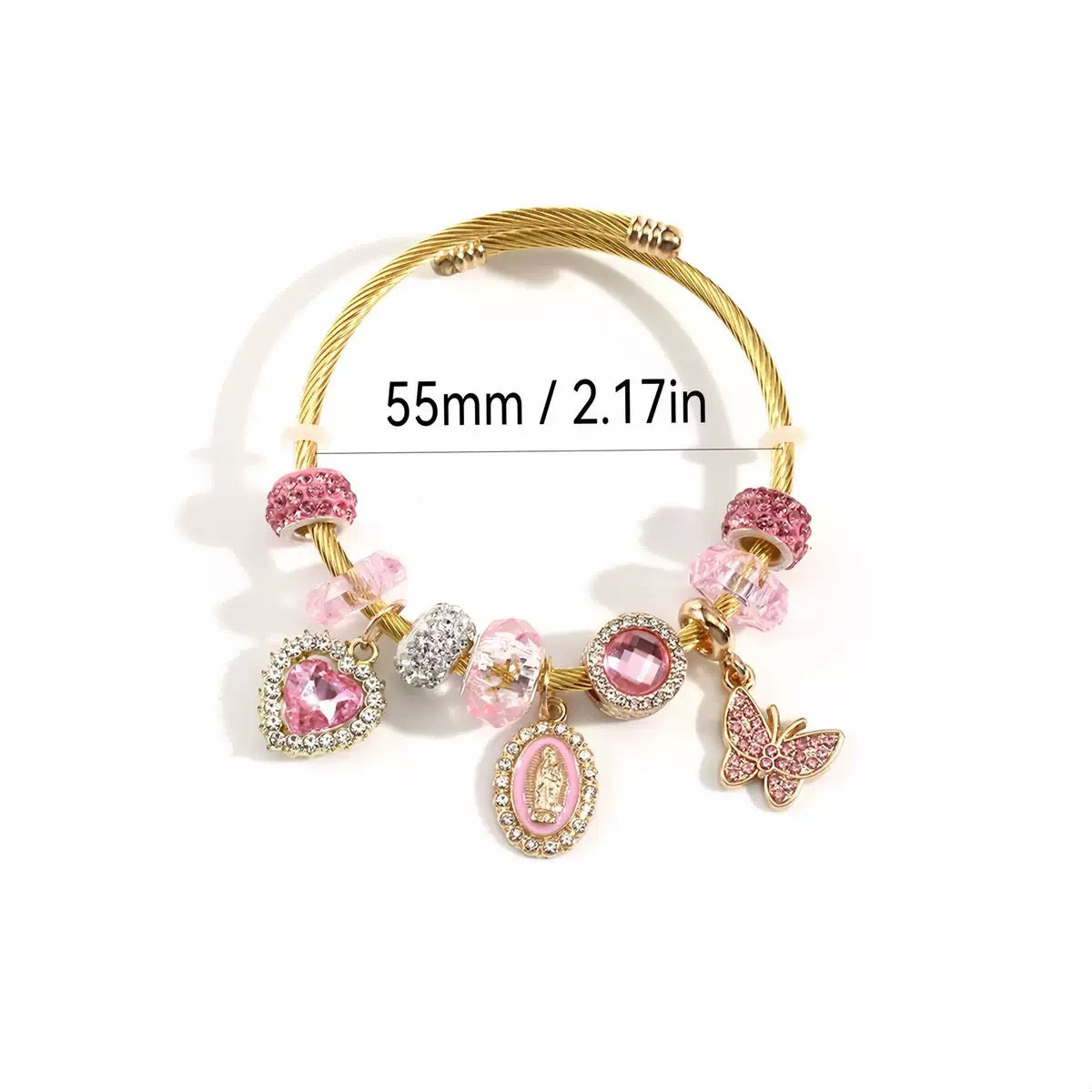 Golden Pink Charm Bracelet with Heart, Butterfly & Crystal Beads – 55mm