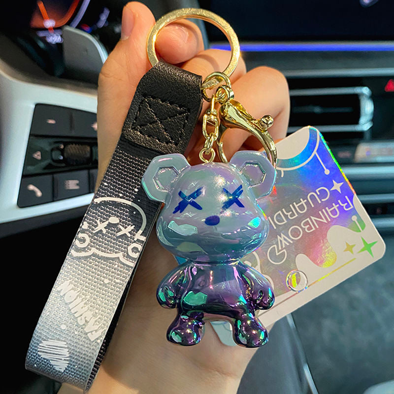 Rainbow Gradient Bear Keychain – Cute Glossy Cartoon Lanyard Charm for Bags & Keys