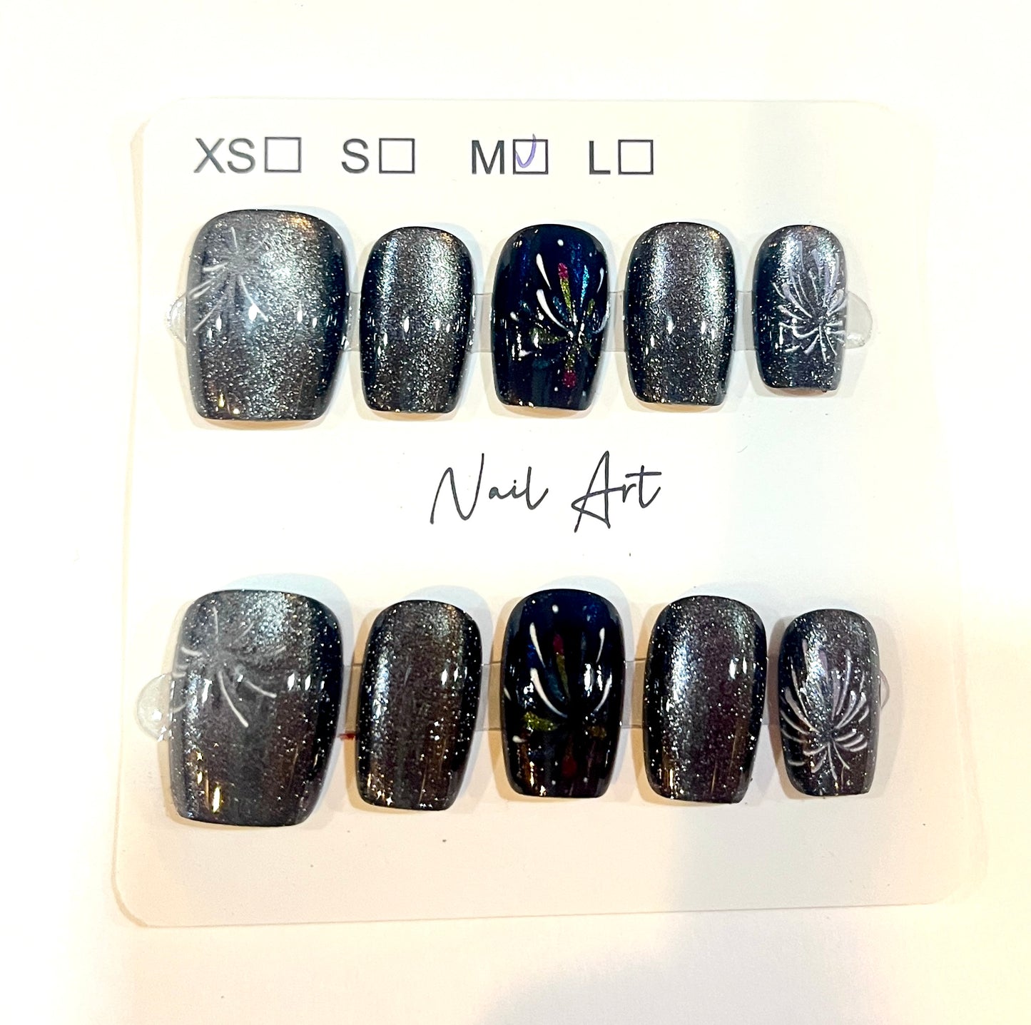 Black Galaxy Press-On Nails with Silver Floral Design – Medium Size