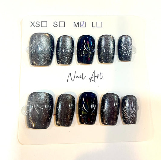 Black Galaxy Press-On Nails with Silver Floral Design – Medium Size