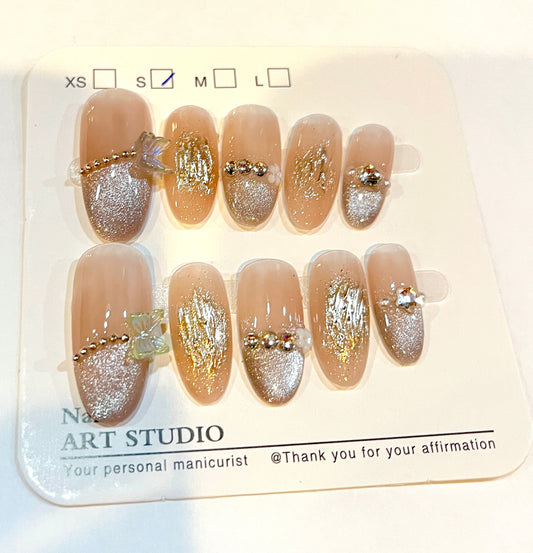 Luxury Nude Glitter Press-On Nails with 3D Bow & Gold Foil – Reusable Handmade Nail Set