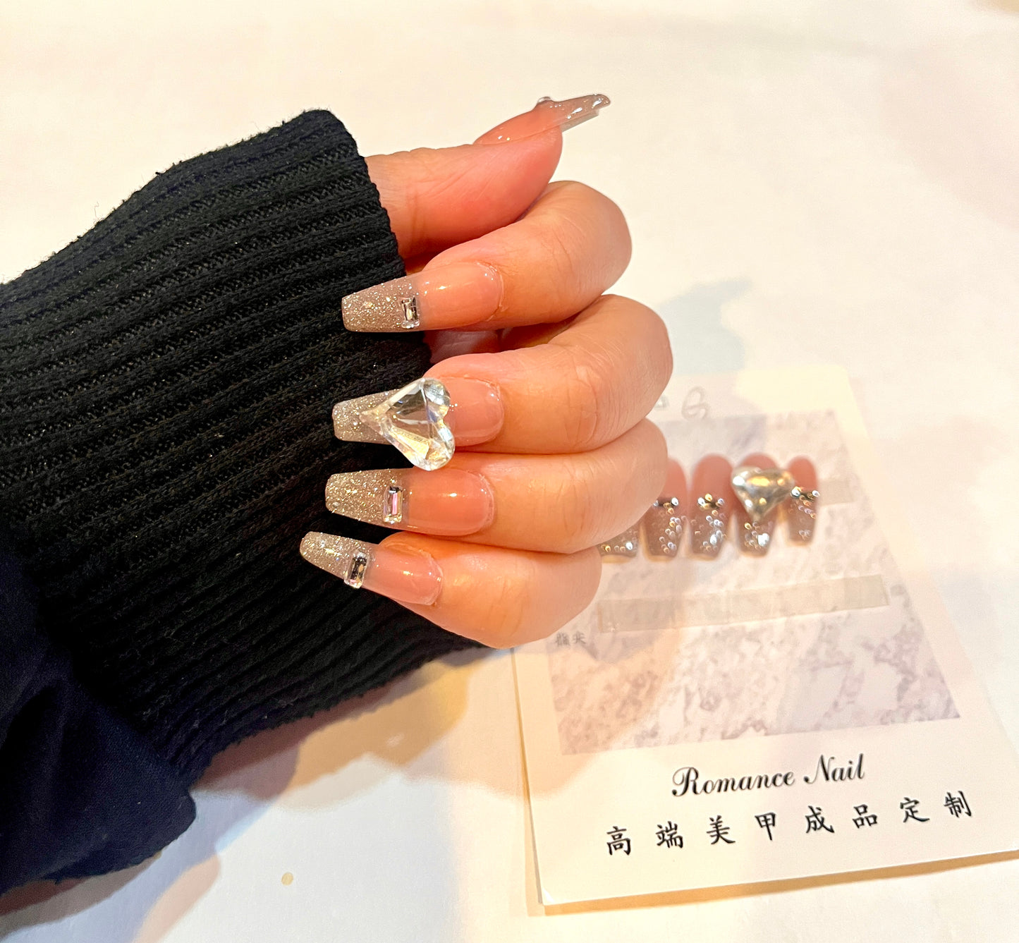 Pink Glitter Heart Diamond Press-On Nails – XS Size