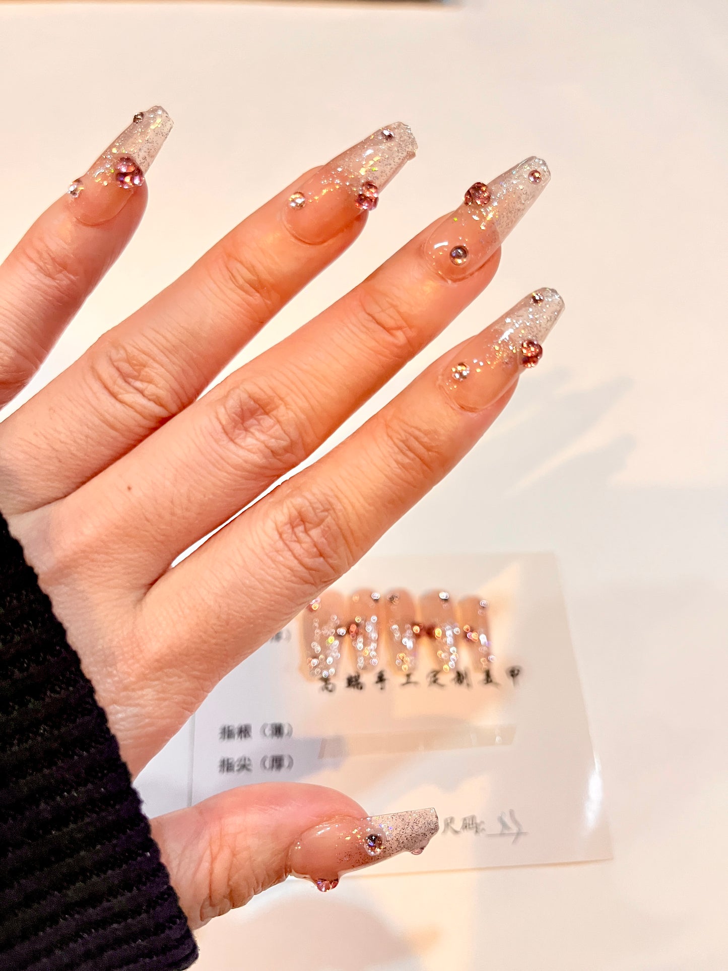 Glitter Ombre Rhinestone Press-On Nails – Long Square Shape (Size XS)