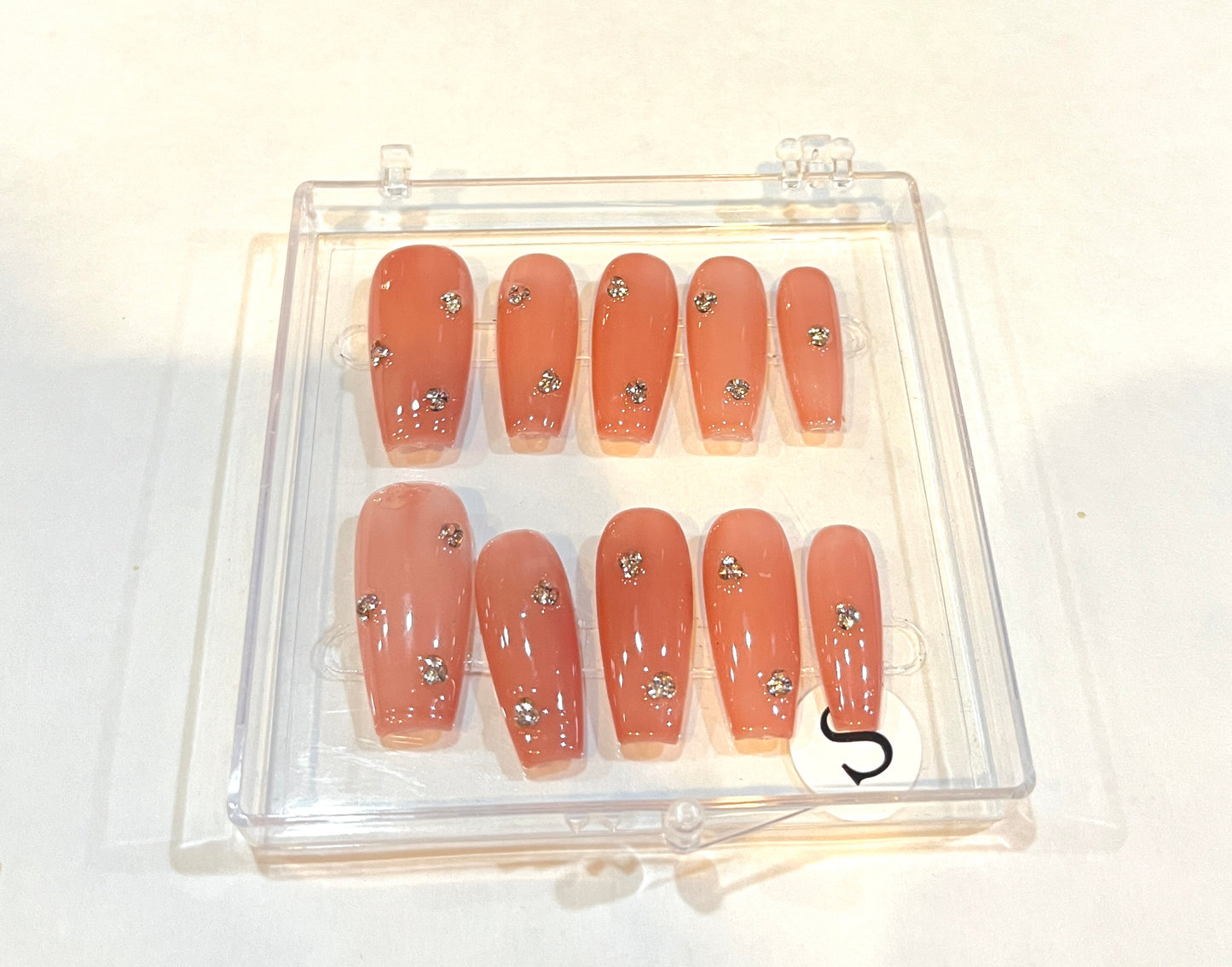 Peach Rhinestone Press-On Nails – Short Square Shape (Size S)