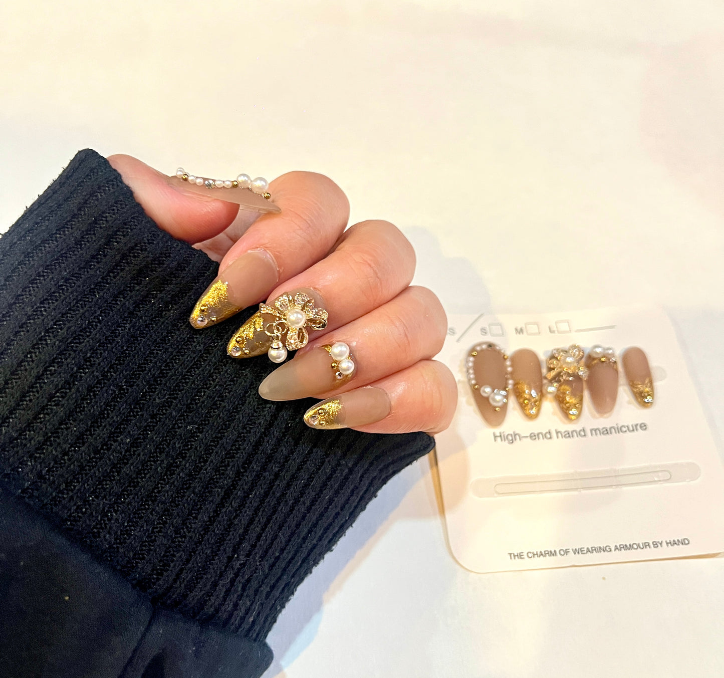 Luxury Nude & Gold Pearl Press-On Nails – XS Size