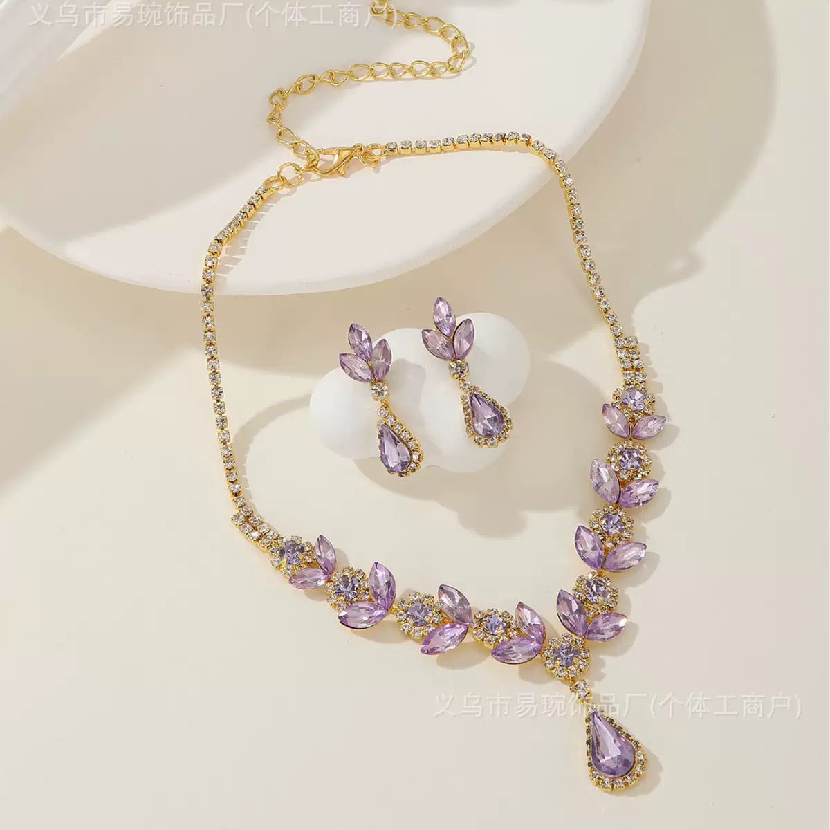 Purple Crystal Necklace & Earrings Set β Gold Leaf Bridal Jewelry