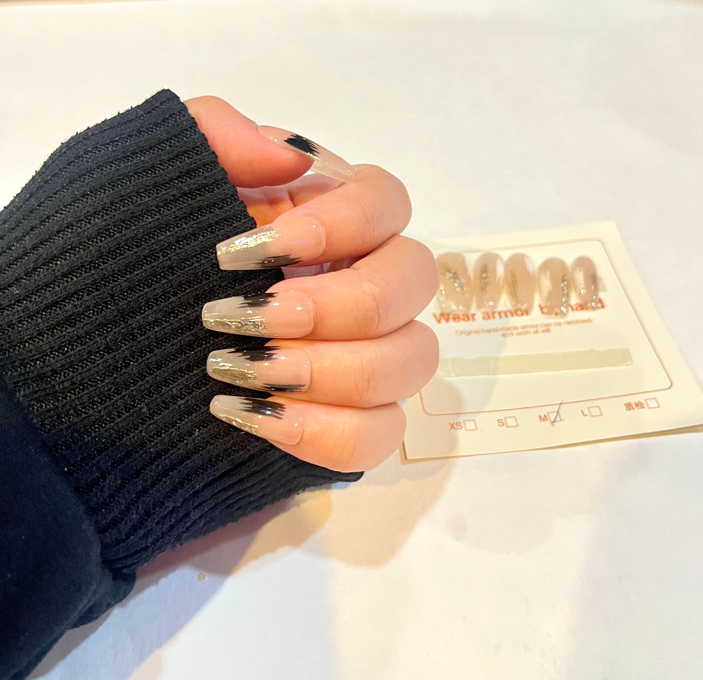 Gold Foil & Black Flame Press-On Nails – Medium Size