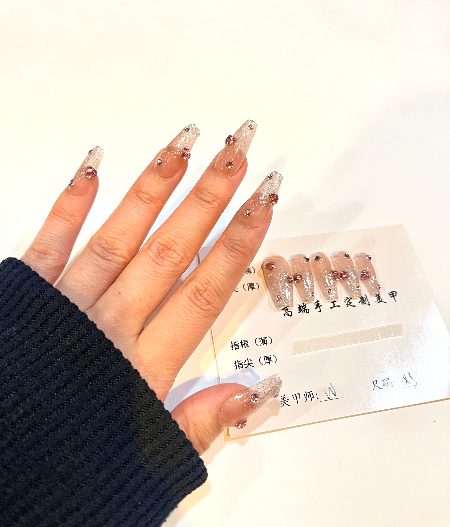 Glitter Ombre Rhinestone Press-On Nails – Long Square Shape (Size XS)